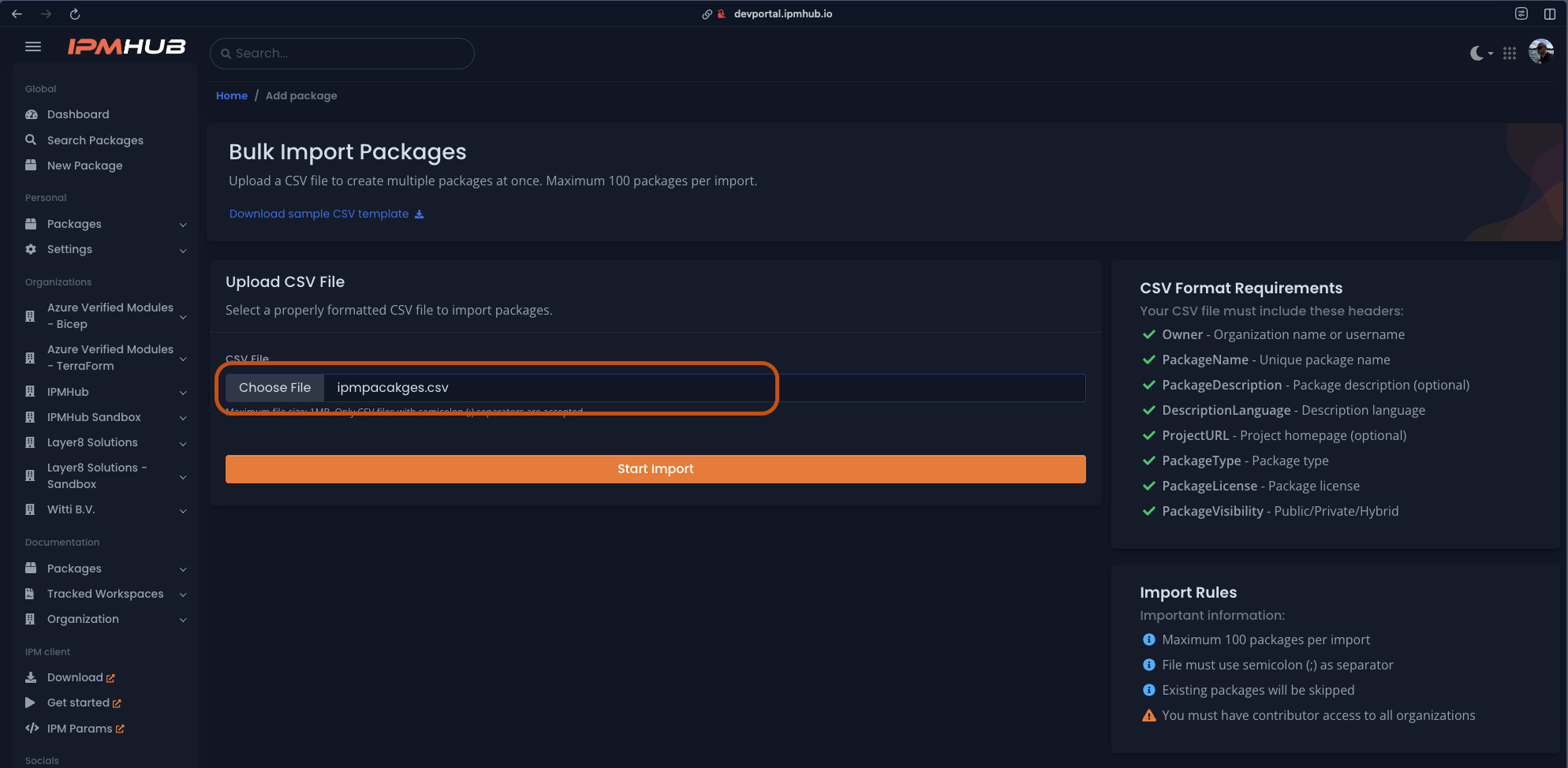 Upload CSV file