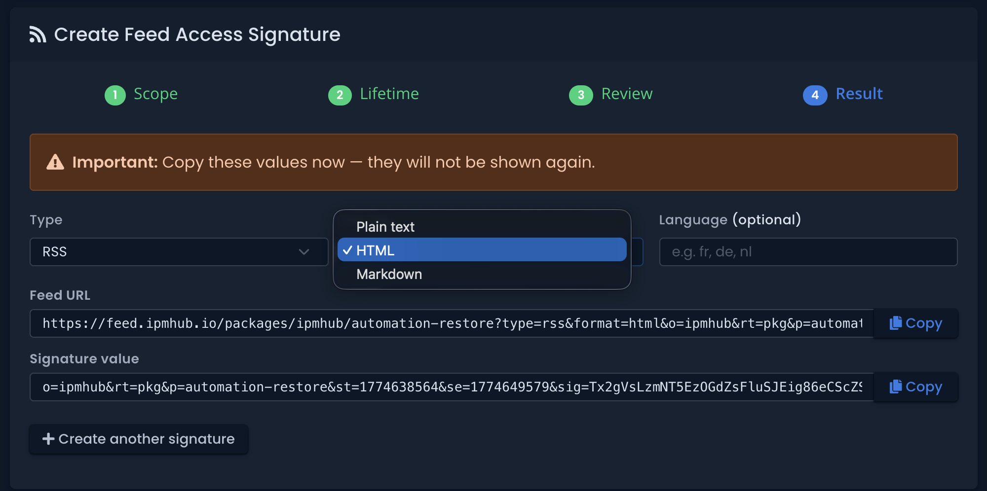 Format selection - HTML, Markdown, or Plain text